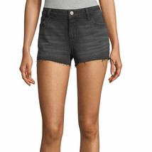Arizona Women&#39;s Juniors Denim Mid Rise Shortie Shorts Size 17 Cutoff Black Legen - £16.78 GBP