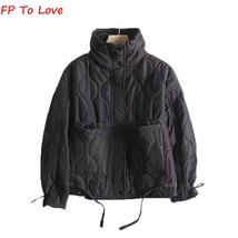 Khaki Quilted Cotton Jacket Straight Short Coat Zipper Stand Collar Pocket Blogg - £39.45 GBP