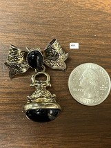 VTG JEWELRY PIN GOLDTONE BOW W BLACK STONE 1/2 X 3/8  BALL DROP W BLK ST... - $2.50