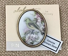 Vintage Warbler Greenish Yellow Bird Floral Oval Porcelain Brooch Pin US... - $13.86