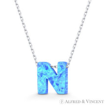 Initial Letter N Blue Lab-Created Opal 10mm Pendant 925 Sterling Silver Necklace - £18.95 GBP