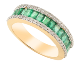 18k Yellow Fine Gold Baguette Cut Emerald and Diamond Engagement Band Ring - £1,412.46 GBP