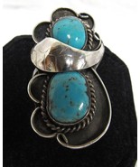 Navajo 1 5/8&quot; Tall Sterling Silver Turquoise Ring Sz 8.25 Feather Flower... - €68,66 EUR