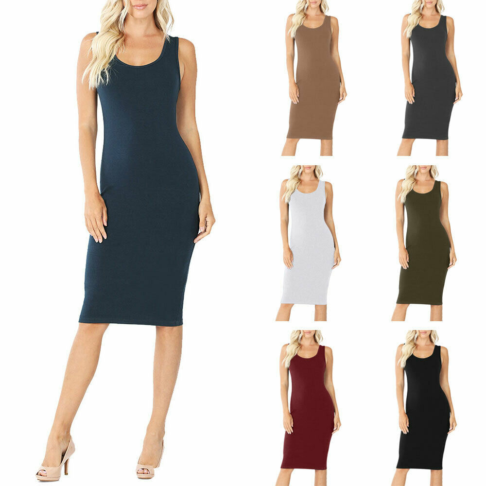 Womens Sleeveless Cotton Bodycon Tank Knee Length Midi Dress