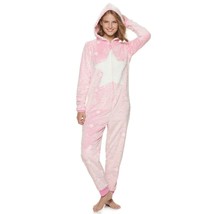 Hooded PINK STARS Plush Velour One-Piece Pajamas - Medium - £32.07 GBP