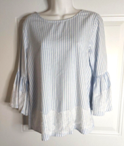 Blue Rain Blue White Striped Lace Trim Boho Bell Sleeve Tunic Top Blouse Size S - £7.56 GBP