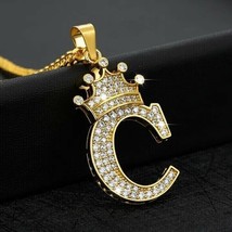 1.25Ct Real Moissanite Crown Initial Letter &quot;C&quot; Pendant 14K Yellow Gold Plated - £195.25 GBP