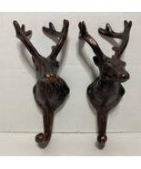Pair (2) Of Cast Metal Deer Head Hook Wall Hangers Oil Rubbed Bronze Finish - £14.11 GBP
