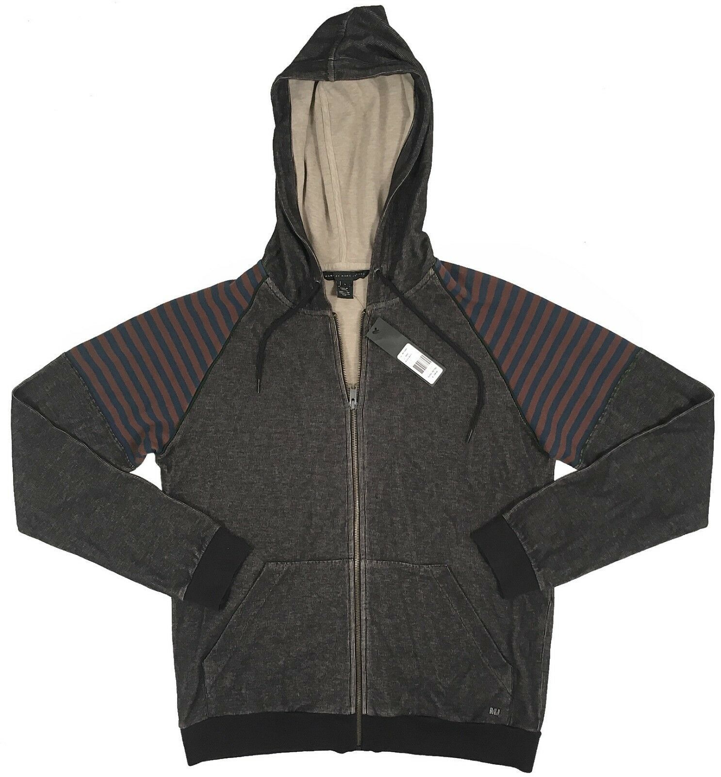 NEW $248 Marc Jacobs Hoodie Sweatshirt!  L  Black with Striped Sleeves  SLIM FIT - $109.99