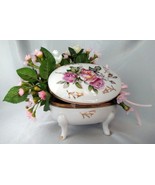 Antique Oval Porcelain Trinket Box w/ Pink Floral Arrangement, Ribbons, ... - £39.08 GBP