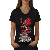Wellcoda Japanese Knight Fantasy Womens V-Neck T-shirt, Japan Graphic Design Tee - £15.67 GBP