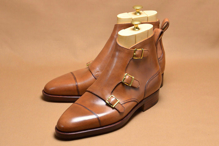 NEW Handmade Leather Ankle High Boot, Men's Brown Cap Toe Designer Triple Monk B