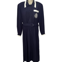 Vintage Caron Chicago Midi Shirt Dress Size 14 Navy Blue White Long Sleeve Belt - £31.60 GBP