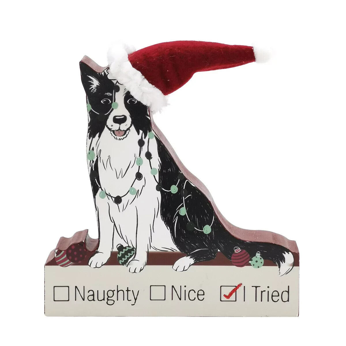 Primary image for NEW Naughty Nice Tried Wooden Sign dog w/ Christmas lights & Santa hat 6 inches