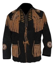 New Western Cowboy Black &amp; Brown Color Suede Leather Fringe Men Jacket - £143.87 GBP