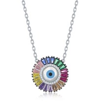 Sterling Silver Rainbow Baguette CZ Evil Eye Disc Necklace - £63.02 GBP