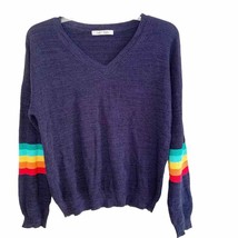 Gab &amp; Kate Navy Varsity V Neck Rainbow Stripe Sleeve Sweater AV Nation Vibes - £29.89 GBP