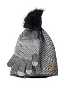 Clear Creek Winter Hat &amp; Gloves Set Gray White Knit with Faux Fur Pom On... - $18.01