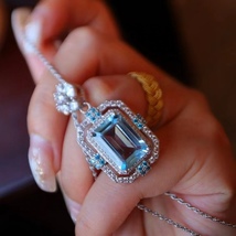 Sparkling Blue Topaz Square Pendant Necklace - £94.71 GBP