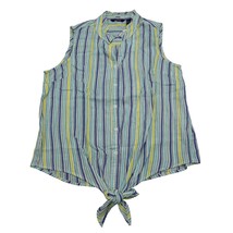 Life Style Shirt Women M Blue Green Stripe Blouse Sleeveless Tie Hem Cotton New - £20.55 GBP