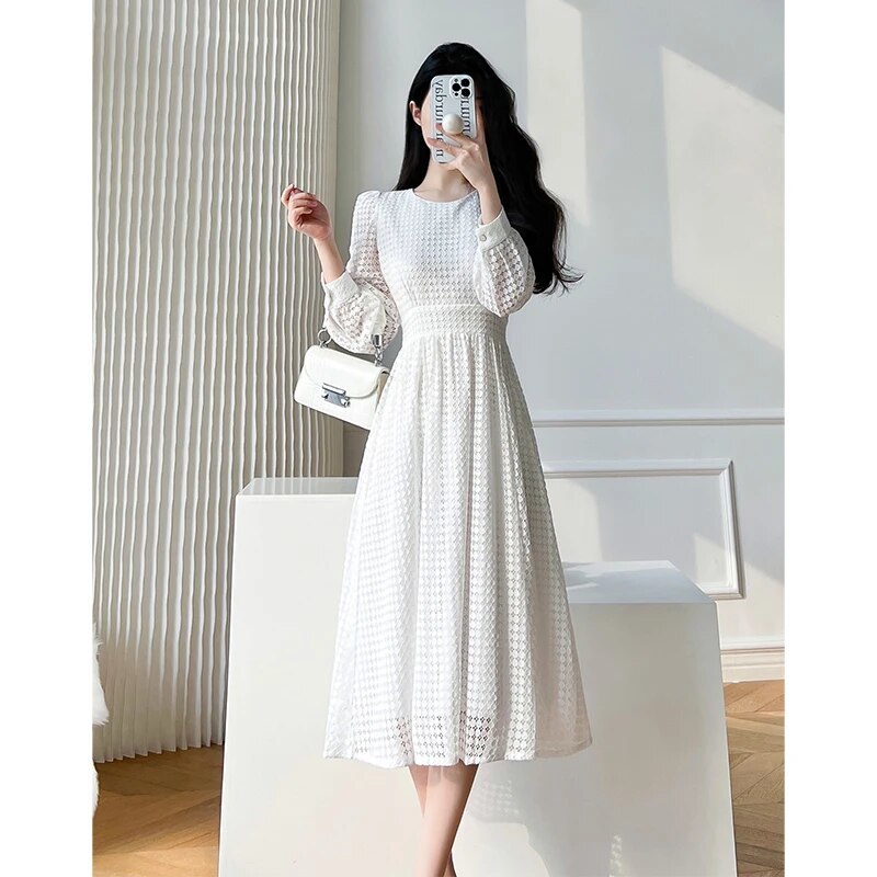 Lace Long Sleeves White Midi Dresses