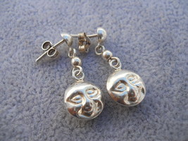 925 Crafted Sterling Face Moon Mask Post Dangle Earring Vtg  P10070 - £36.17 GBP