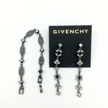 GIVENCHY black &amp; clear crystal 2.75&quot; drop earring &amp; pave rhinestone bracelet set - £31.96 GBP
