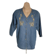 Monique Fashion Vintage Denim Jean Button Up Top ~ Sz 1XP ~ Blue ~ 3/4 Sleeve - £20.44 GBP