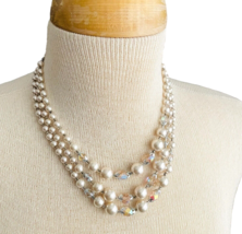Vtg 3 Strand Faux Pearl Necklace Irridescent Beads Silver Tone Leaves Read - £12.69 GBP