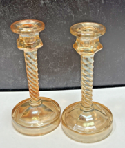 Jeanette Spiral #5198 Glass Candlesticks Marigold Carnival 8&quot; - $33.66
