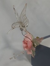 Vtg Glass Hummingbird with Pink Flower Handcrafted Figurine, With Clip-on - $7.76