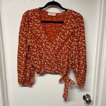 Lucky Brand Orange Floral Lace Faux Wrap Boho Long Sleeve Crop Top Size Small - £19.23 GBP