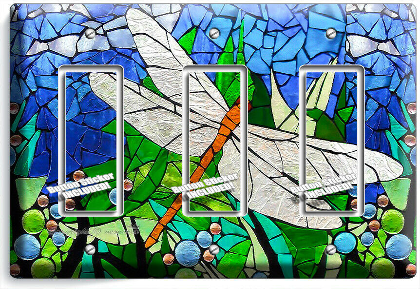 DRAGONFLY MOSAIC STAINED GLASS LOOK 3 gfci LIGHT SWITCH WALL PLATE BEDROOM DECOR