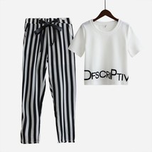 White Letter Printed T Shirt Sexy Cropped Tops +Striped Pants Calf Lengt... - £25.95 GBP