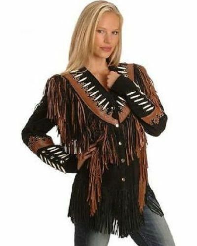 Women Western Style Two Tone Brown Black Suede Leather Fringed Bone Beads Jacket