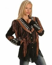 Women Western Style Two Tone Brown Black Suede Leather Fringed Bone Beads Jacket - £133.16 GBP