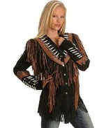 Women Western Style Two Tone Brown Black Suede Leather Fringed Bone Bead... - $166.59