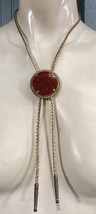 Bolo Tie Gold Tone Round Stone Brown With Gold Cord Trim One Size Unisex - £13.86 GBP