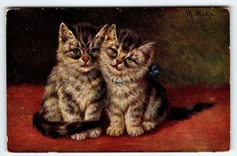 Two Cats Pose Green Eyed Silver Brown Kittens M Stocks Vintage Antique Unposted - $12.60