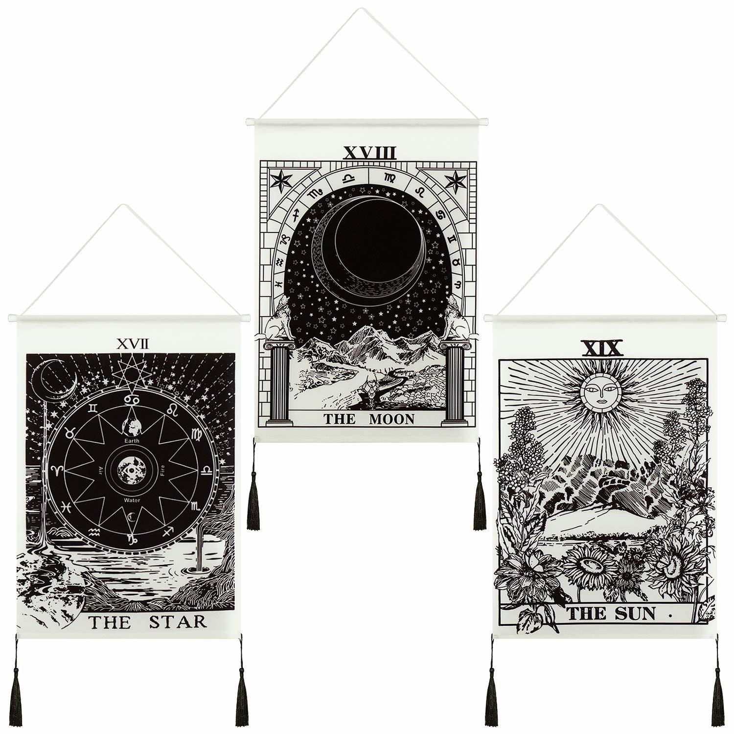 3 Pieces Tarot Card Tapestry Moon Star And Sun Tapestry Mountain Tapestry Black  - £23.97 GBP