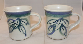 Signed Studio Pottery Off White Leaves Three Tone Color 2 Coffee Mug Cup... - £26.16 GBP