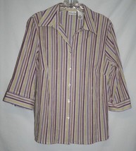 Kim Rogers Petite 10 P Blouse Top Purple Yellow Beige Striped Shirt 3/4 Sleeve - £8.53 GBP