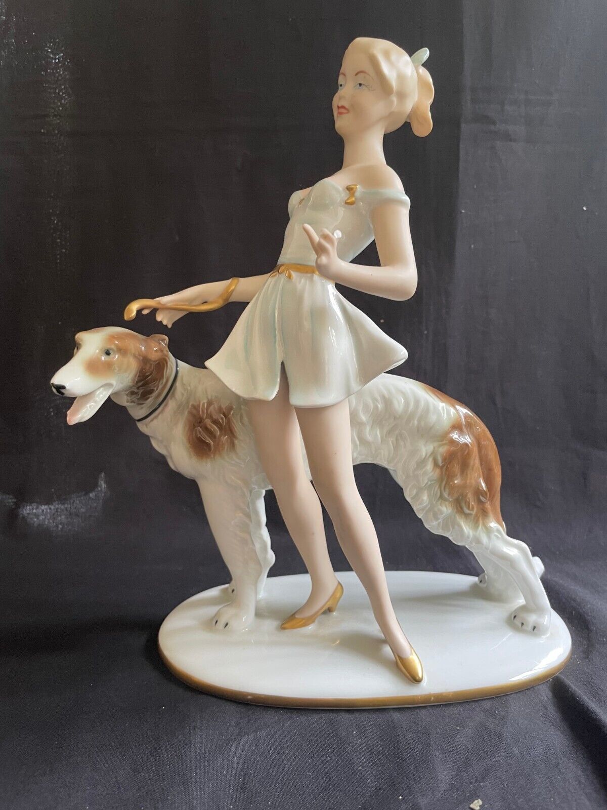 Primary image for Art Deco Gerold Porzellan Bavaria Lady With BORZOI DOG 1930's Figurine