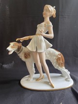 Art Deco Gerold Porzellan Bavaria Lady With BORZOI DOG 1930&#39;s Figurine - £179.66 GBP