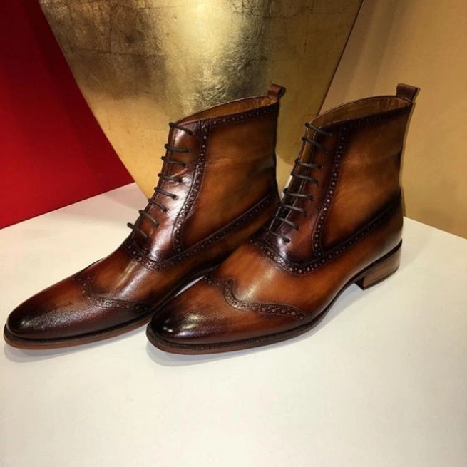 Shaded Tan Mens Handmade Wing Tip Leather Brogue Formal Lace Up Business... - $149.99+