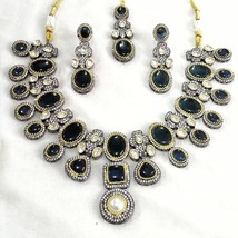 Bollywood Style Silver Plated Indian CZ Choker Necklace Blue Kundan Jewelry Set - £96.77 GBP