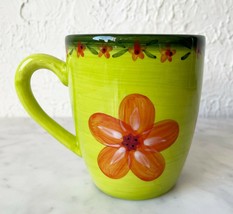 Barnes &amp; Noble Flower Mug - Chartreuse Green BigOrange Flowers Coffee Cup - £8.89 GBP