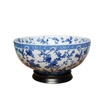 Oriental Blue and White Porcelain Floral Motif Bowl 14&quot; Diameter with Stand - £197.83 GBP