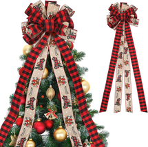 Handmade 57x13 Inches Buffalo Plaid Christmas Tree Topper Red Black Bow, Rustic  - £27.46 GBP