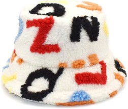 Women&#39;s Colorful LetFaux Fur Bucket Hatter Print Faux Fur Bucket Hat Warm Fuzzy  - £27.02 GBP